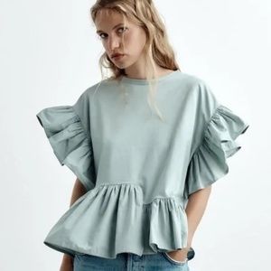Zara Mint Green Short Sleeve Ruffle Top - Medium LNWOT